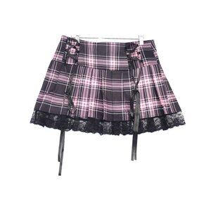 Gothic Lolita Pink & Black Plaid Pleated Mini Skirt Lace Trim Ribbon Detail Punk